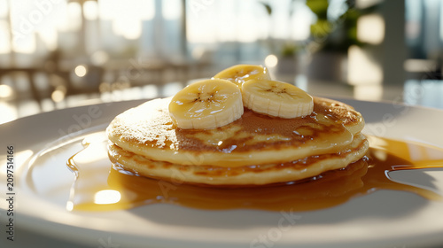A plate of pancakes with bananas and syrup on top