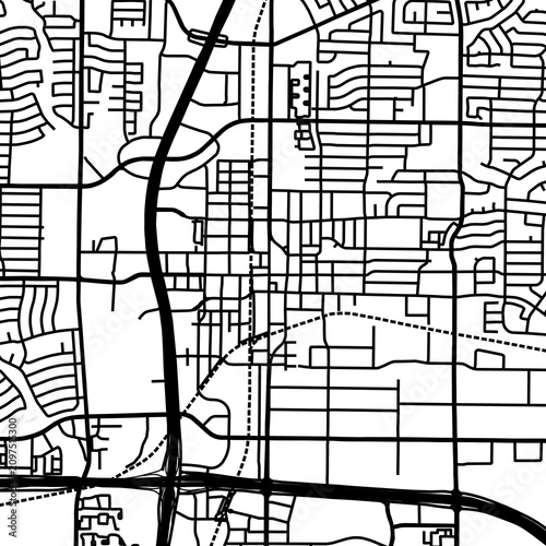 Symbol Map of the City Plano (Texas, USA) showing the city center with a simple road network of black lines