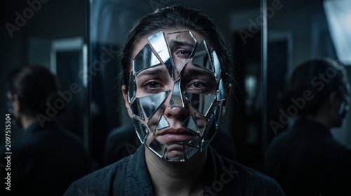 Distressed woman with broken mirror pieces on her face symbolizing depression, identity crisis, shattered self-image, mental illness, and emotional trauma.