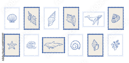 Bild auf Leinwand Vintage nautical postage stamp clipart set with seashells, whale, dolphin, starf