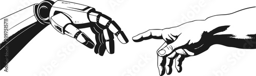 Foto 古典的な芸術スタイルで、人間の手に触れようと手を伸ばすロボットの手の白黒イラスト
