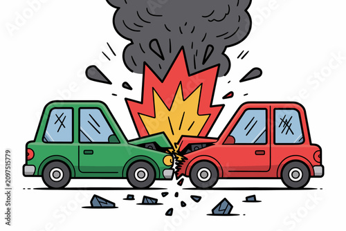 Fotografie 緑と赤の車両の正面衝突と大きな炎の爆発の漫画