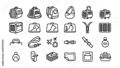 Photos black and white line drawings of pet travel accessories