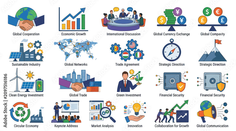 Naklejka premium Global Business Icons: Cooperation, Growth, Trade, Finance, Innovation, Security Green Energy