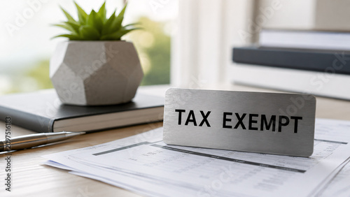 Tax Exempt Metal Plaque on Desk with Financial Documents, Succulent Plant, and Pen in Bright Modern Office for Accounting and Wealth Management Concept