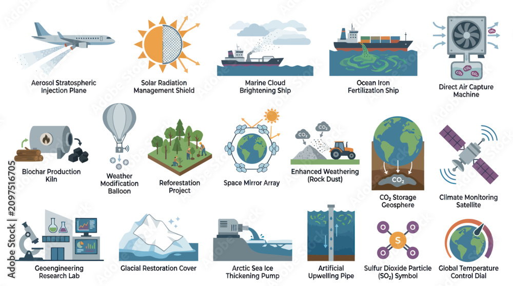 Fototapeta premium Geoengineering Climate Change Solutions Flat Vector Illustration Set: Environmental Technology Mitigation Methods Icons