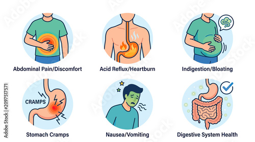 Bild auf Leinwand Digestive System Health: Common Stomach Issues Explained with Icons