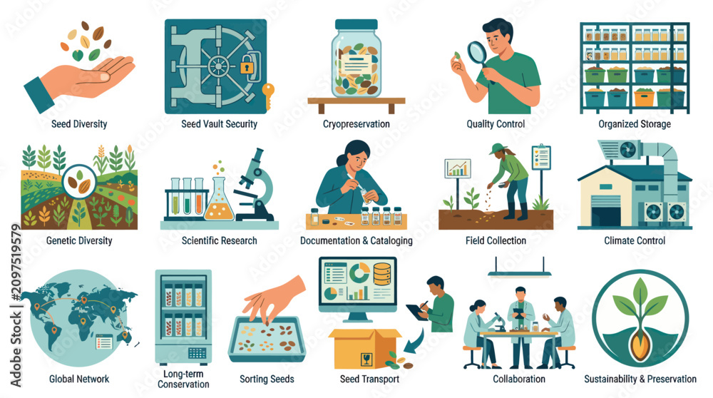 Fototapeta premium Seed Bank and Agricultural Genetic Diversity Conservation Flat Vector Icons Set for Global Sustainability Efforts