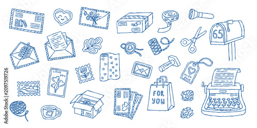 Mail postal cliparts set in doodle style isolated on a white background. Vector objects collection.