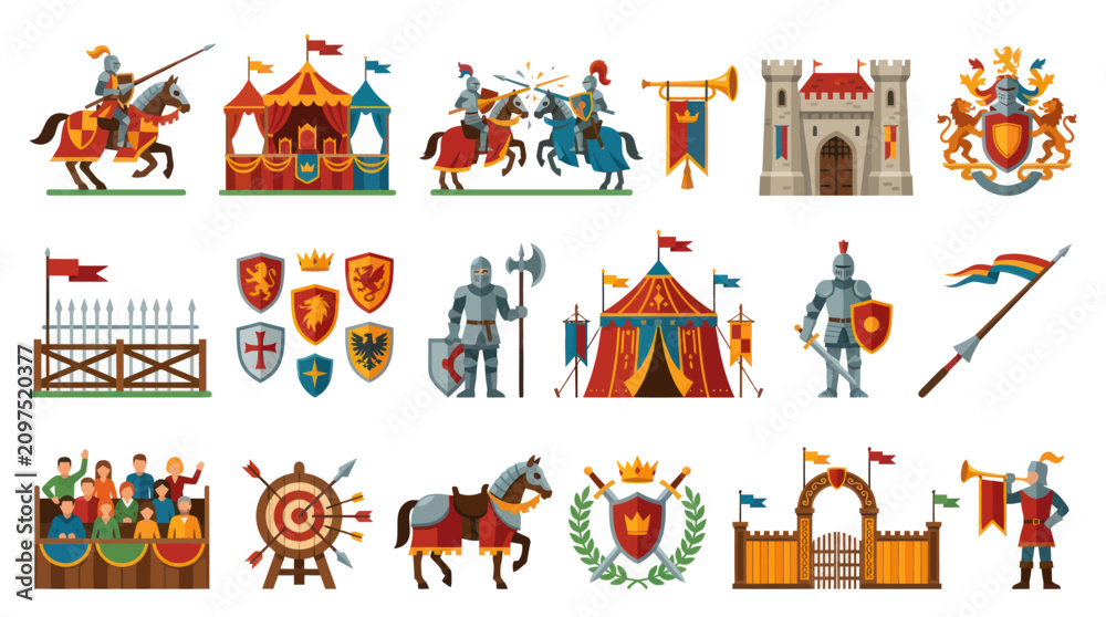 Fototapeta premium Medieval Knight and Castle Flat Vector Icons Set: Shields, Weapons, Tents, and Tournament Elements