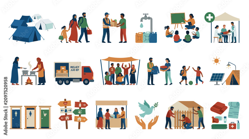 Fototapeta premium Humanitarian Aid Flat Icons: Tents, Relief Truck, Medical Care, Education, Shelter