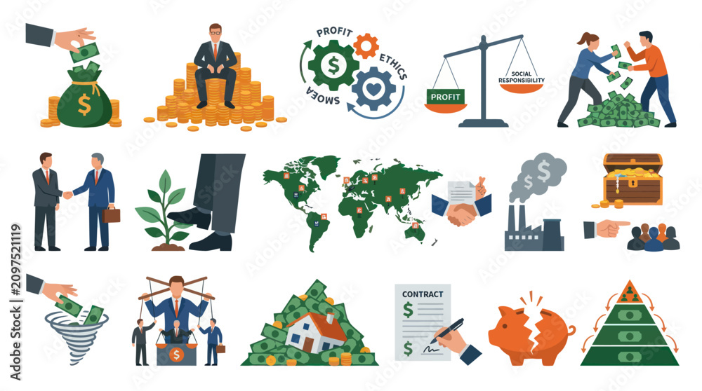 Naklejka premium Finance Business Icons: Profit, Ethics, Growth, World Map, Contract, Piggy Bank