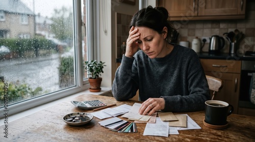 Middle aged woman reviewing household bills and envelopes at kitchen table by rainy window, calculating expenses and budgeting with calculator and mug nearby, worried domestic moment