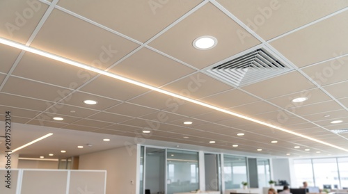Suspended acoustic ceiling with grid tiles and integrated linear led and recessed lights in modern office interior, visible ventilation diffusers and neutral tonal finish for commercial space