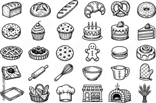 Cuadro en lienzo Hand drawn bakery items collection including bread pastries cakes cookies and ba