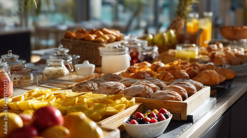 Luxury hotel breakfast buffet featuring fresh pastries, croissants, tropical fruits, jams and juice in a modern restaurant. Premium hospitality and continental breakfast concept with copy space.