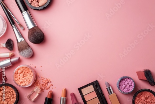 Beauty and makeup cosmetic products arranged on pink flatlay background with cosmetics lipstick skincare feminine professional collection accessory backdrop minimalist essential creative