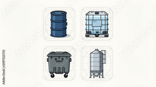 Illustration shows four industrial containers and a trash can on a clean background