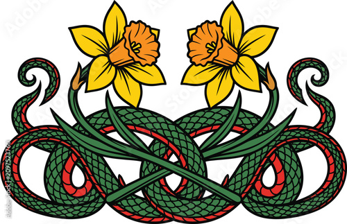 Snake and Daffodil Illustration on on a transparent background