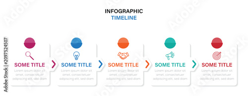 Minimalist 5 steps horizontal timeline infographic template with arrow connectors and strategy roadmap. business process flowchart 5 options. vector illustration.