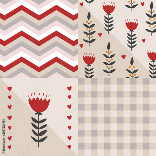 Stylish folk flower patchwork seamless pattern. Ornament in black, beige and red colors. Geometric background. Vector illustration,