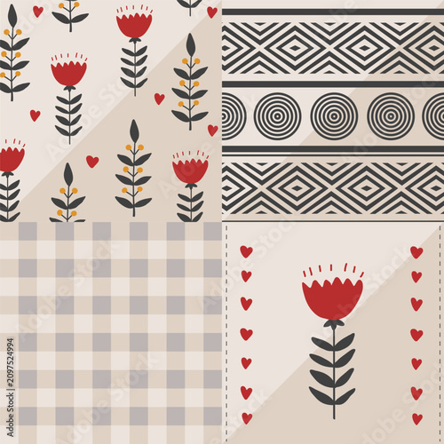 Stylish folk flower patchwork seamless pattern. Ornament in black, beige and red colors. Geometric background. Vector illustration,