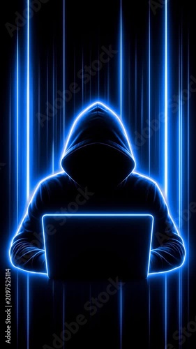 Anonymous Hacker Using Laptop in Blue Neon Light Background, Cybersecurity Threat, Data Protection, Network Security, Digital Privacy, Vertical Video