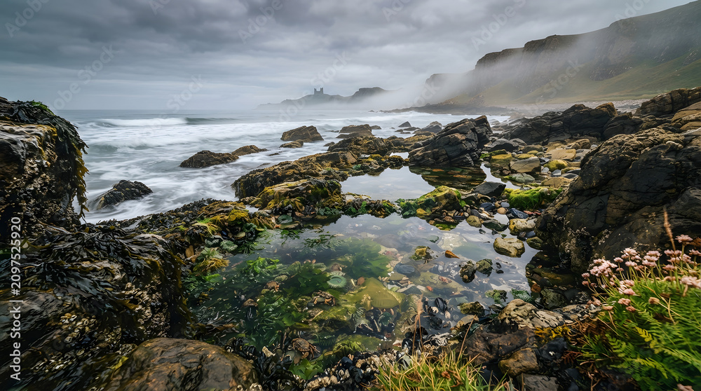 Fototapeta premium Rocky coastline with tide pools. Ocean waves crashing on rugged shoreline