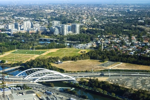 Sydney, Australia - 19 July, 2025: aerial view of the suburbs of Sydney surrounding Kingsford Smith International Airport, New South Wales as seen from a departing plane