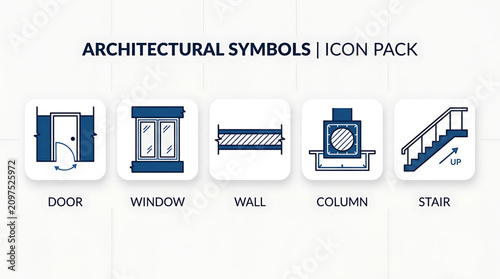 Architectural symbols icon pack features door, window, wall, column, and stair illustrations for design