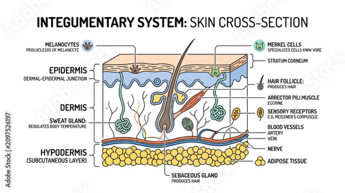 Foto Integumentary System: Skin Cross-Section Diagram - Layers and Cells