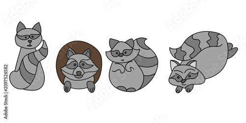set of cute raccoons vector illustration in various playful poses, including one peeking out of a hollow