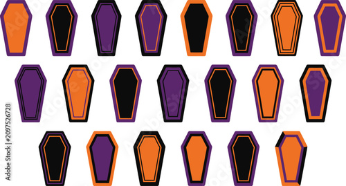 Set of halloween coffin icons in orange and purple colors with halloween decoration collection isolated illustration seasonal funereal celebration creative