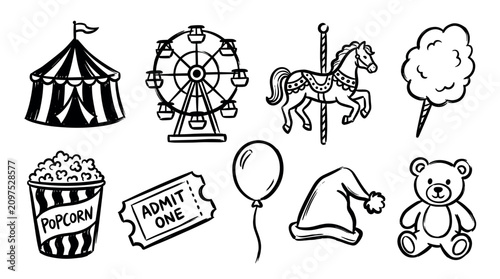 Carnival fair circus amusement park elements collection featuring hand-drawn illustrations of rides, treats, and fun attractions in a playful doodle style.