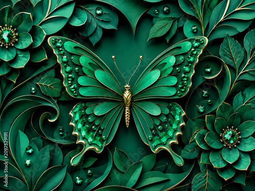 Luxurious emerald green butterfly decorated with sparkling gemstones and delicate gold details, surrounded by dark botanical flowers and foliage in an ornate dimensional paper art composition.