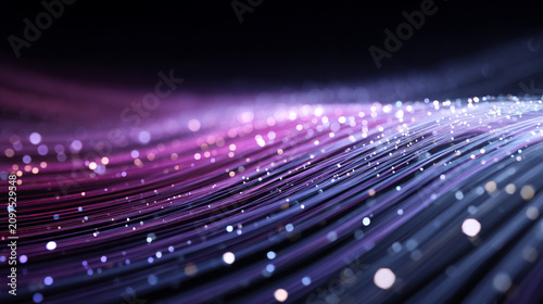 Fiber optic cables transmitting data with glowing light particles. High-speed internet technology network background with futuristic digital connec...
