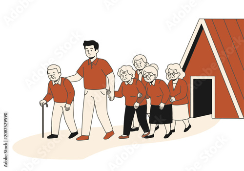 Caregiver assisting group of senior citizens outside a shelter