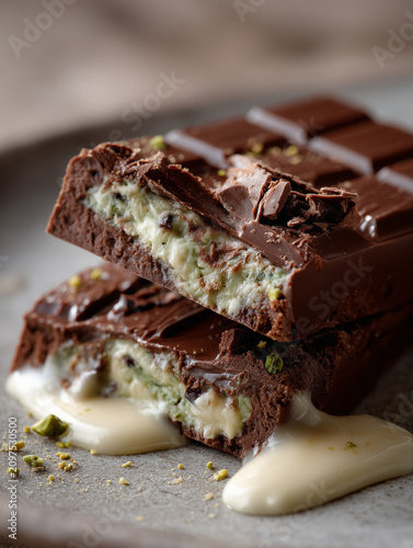 Dubai-Schokolade mit Pistaziencreme und knuspriger Kadayif-Füllung. Trend-Dessert, Premium-Schokolade, Gourmet, Süßwaren, Food-Fotografie und luxuriöser Genuss.
