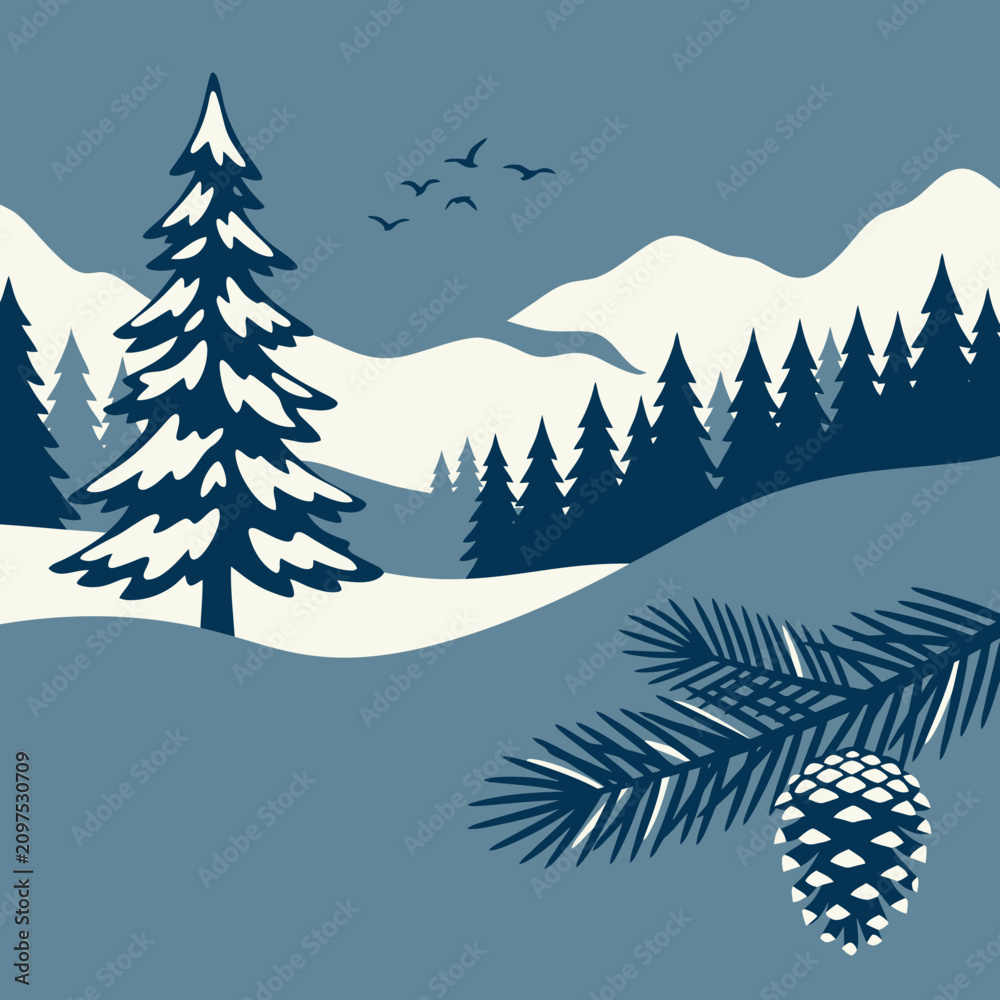 Fototapeta premium A serene winter mountain landscape with snow-covered trees and a pinecone