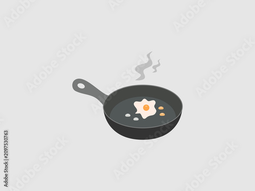 A simple flat illustration of a sunny-side-up egg frying in a hot black skillet or pan with rising grey smoke, representing the heat or cooking process