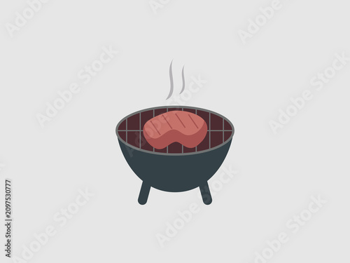 A simple flat illustration of a thick raw meat steak grilling on a black round barbecue charcoal grill with wisps of rising hot smoke