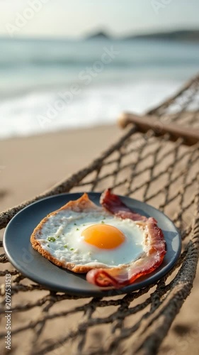 Close-up of plate with fried egg, crispy bacon, and toast on hammock by seaside. Tranquil morning atmosphere with ocean waves in background, perfect vacation setting. Extremely hot weather, heatwave