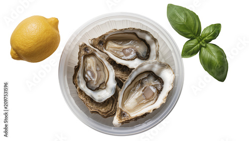 фотографія Isolated fresh raw oysters on the half shell with whole lemon and fragrant green