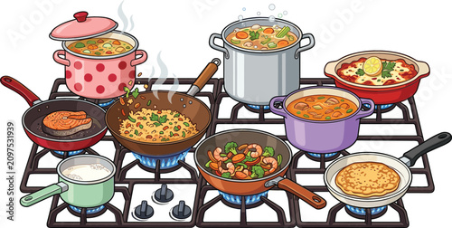 Photos Kitchen stove cooking vector illustration featuring pots and pans filled with various dishes like soup, stir fry, steak, and shrimp boiling on gas burners