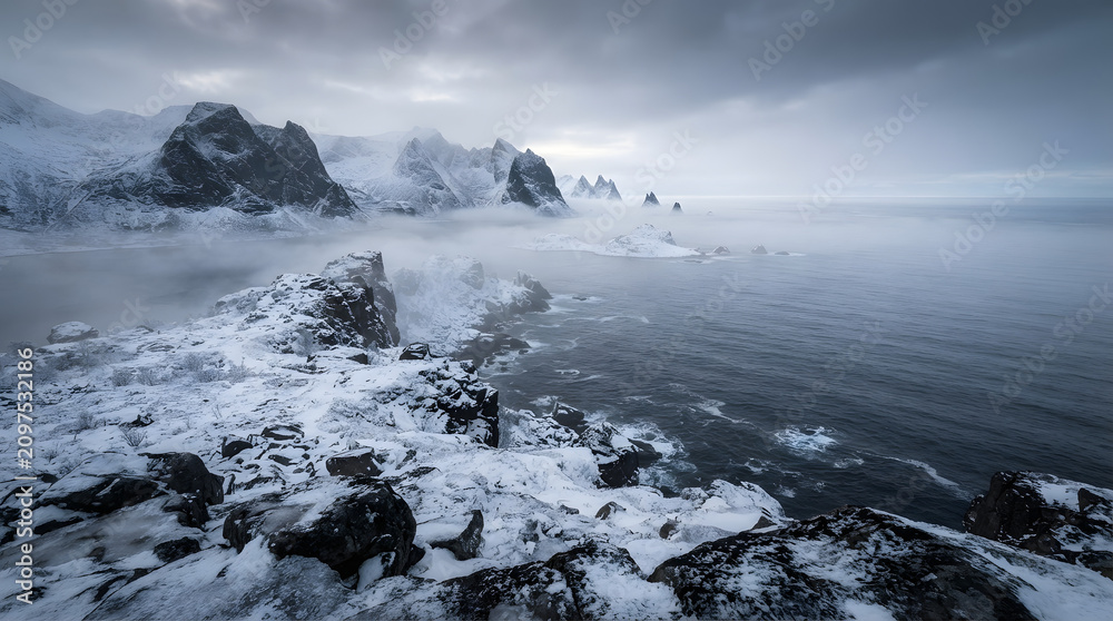 Fototapeta premium Snowy rocky coastline. Frosty ocean landscape with rugged shoreline