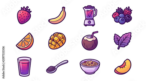 Colorful flat lay illustration of fruits and drinks.