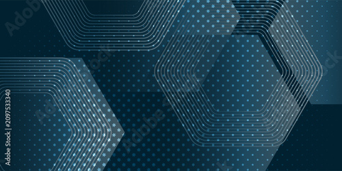 Bild auf Leinwand Modern abstract technology background featuring layered translucent hexagonal shapes, flowing circuit-inspired lines, and a dotted digital pattern in shades of blue