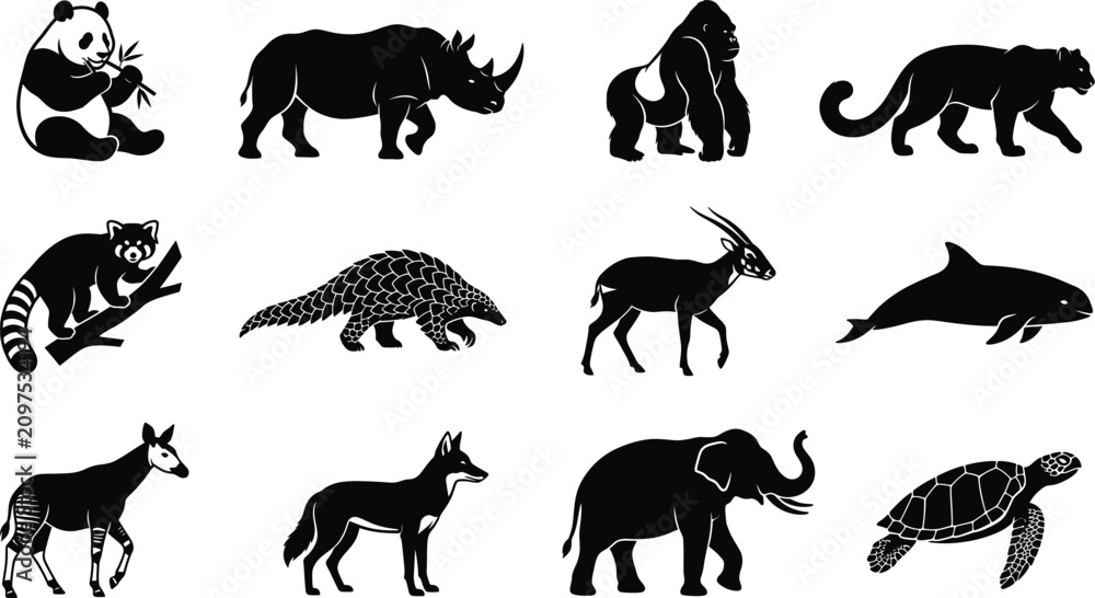 Obraz premium Endangered species silhouette vector set, giant panda, black rhino, elephant, gorilla 