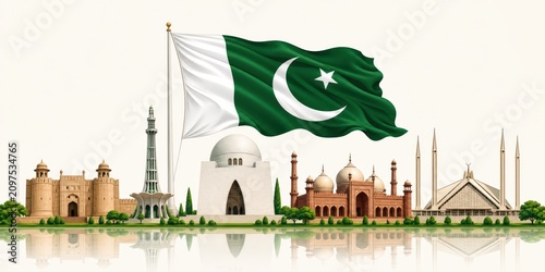 Pakistan waving flag with iconic pakistan monuments for independence day celebration.