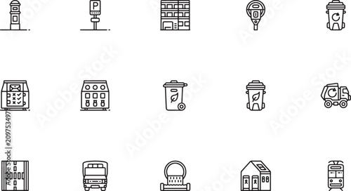 Foto Urban Infrastructure & Waste icon set highlighting city elements featuring parki